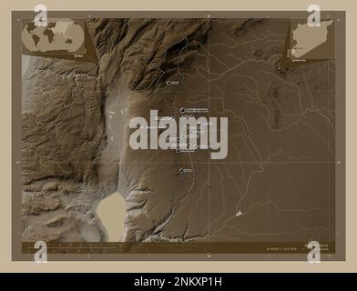 Quneitra, province de Syrie. Carte d'altitude colorée en tons sépia avec lacs et rivières. Lieux et noms des principales villes de la région. Angle aux Banque D'Images