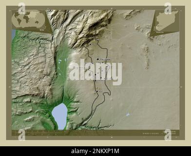 Quneitra, province de Syrie. Carte d'altitude colorée en style wiki avec lacs et rivières. Lieux et noms des principales villes de la région. Angle auxi Banque D'Images