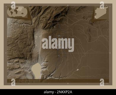 Quneitra, province de Syrie. Carte d'altitude colorée en tons sépia avec lacs et rivières. Lieux des principales villes de la région. Emplacement auxiliaire de coin Banque D'Images