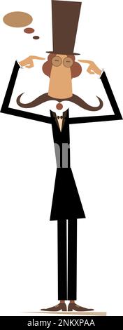 Homme de pensée dans le chapeau supérieur. L'homme moustachu dans le chapeau supérieur pointe deux doigts vers sa tête et pense comment régler le problème ou crée des idées Illustration de Vecteur