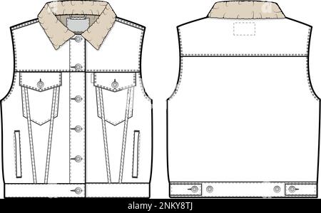 Femmes court sherpa denim jean veste sans manches coupe cintrée sans col plat dessin technique Illustration maquette vierge modèle mode CAD Illustration de Vecteur
