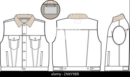 Homme unisexe surdimensionné Sherpa jean denim gilet camionneur Vector plat dessin technique maquette modèle pour le design et les packs TECH CAD mode Illustration de Vecteur