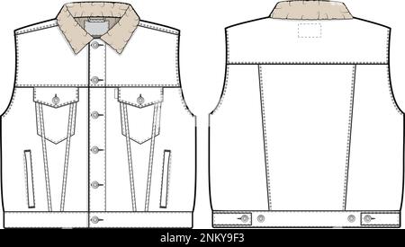 Homme unisexe surdimensionné Sherpa jean denim gilet camionneur Vector plat dessin technique maquette modèle pour le design et les packs TECH CAD mode Illustration de Vecteur