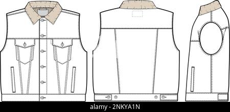 Homme unisexe surdimensionné Sherpa jean denim gilet camionneur Vector plat dessin technique maquette modèle pour le design et les packs TECH CAD mode Illustration de Vecteur