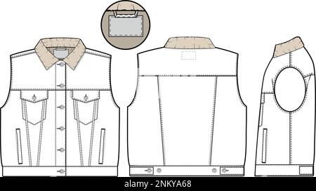 Femmes grand sherpa denim gilet camion vecteur plat dessin technique modèle d'illustration pour le design et les packs techniques mode CAD streetwear Illustration de Vecteur