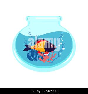 Poissons aux couleurs vives dans un aquarium avec des coraux et des algues, illustration vectorielle d'un aquarium dans un style plat. Imprimé pour les vêtements Illustration de Vecteur