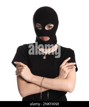 Femme portant une balaclava tricotée sur fond blanc Banque D'Images