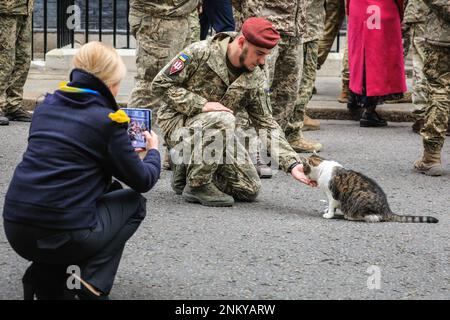 Londres, Royaume-Uni, 24th février 2023. Un soldat nourrit Larry, et la femme de l'ambassadeur prend quelques photos. Larry le chat de Downing Street fait son entrée après l'événement, et est câlin et emparé par les soldats ukrainiens. Rishi Sunak, Premier ministre du Royaume-Uni, avec sa femme Akashta, observe une minute de silence pour marquer le premier anniversaire de l'invasion russe de l'Ukraine. Le PM est rejoint à l'extérieur du 10 Downing Street par l'Ambassadeur d'Ukraine au Royaume-Uni, des membres des forces armées ukrainiennes et des représentants de chaque nation Interflex, ainsi que des chanteurs ukrainiens. Banque D'Images