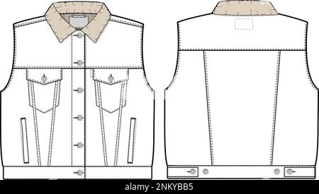 Femmes grand sherpa denim gilet camion vecteur plat dessin technique modèle d'illustration pour le design et les packs techniques mode CAD streetwear Illustration de Vecteur