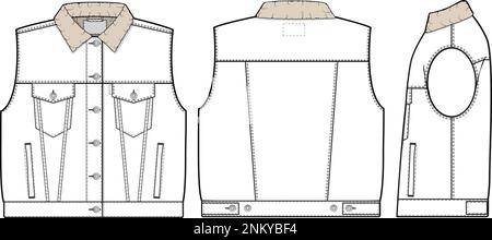 Femmes grand sherpa denim gilet camion vecteur plat dessin technique modèle d'illustration pour le design et les packs techniques mode CAD streetwear Illustration de Vecteur