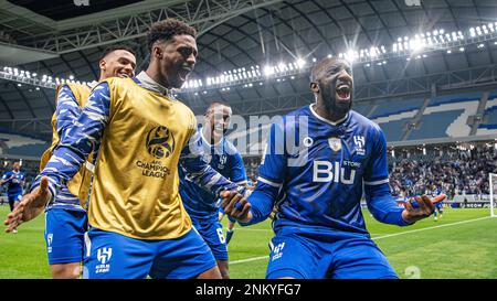 Al Wakrah, Qatar. 23 février 2023, Moussa Marega du SFC Al-Hilal célèbre après avoir marqué un but de victoire de 87th minutes contre le FC Foolad Khuzestan (IRN) lors de leur match de quart de finale de la Ligue des champions de l'AFC 2022 au stade Al Janoub sur 23 février 2023 à Al Wakrah, au Qatar. Photo de Victor Fraile / Power Sport Images Banque D'Images