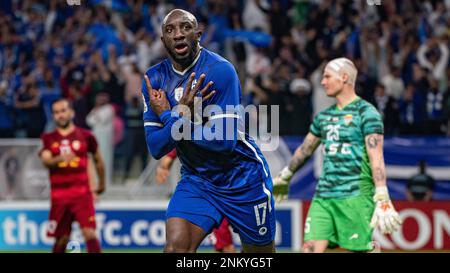 Al Wakrah, Qatar. 23 février 2023, Moussa Marega du SFC Al-Hilal célèbre après avoir marqué un but de victoire de 87th minutes contre le FC Foolad Khuzestan (IRN) lors de leur match de quart de finale de la Ligue des champions de l'AFC 2022 au stade Al Janoub sur 23 février 2023 à Al Wakrah, au Qatar. Photo de Victor Fraile / Power Sport Images Banque D'Images