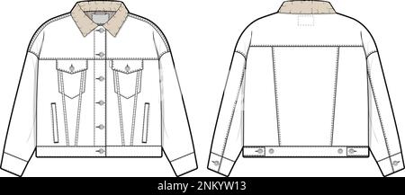 Veste en denim Sherpa surdimensionnée pour femmes camionneur modèle de dessin technique plat vectoriel pour le design et les packs techniques CAO mode Illustration de Vecteur