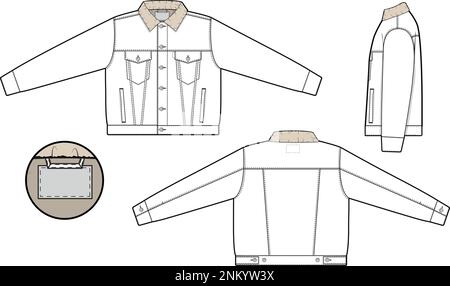 Hommes unisex sherpa denim gilet camionneur Vector plat dessin technique modèle d'illustration pour le design et les packs techniques mode CAD streetwear Illustration de Vecteur