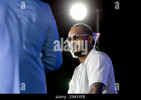 Quezon City, Philippines. 24th févr. 2023. Carmelo Anthony, joueur de la National Basketball Association (NBA), réagit lors de l'événement Ambassadeur mondial de la coupe du monde de basket-ball 2023 de la FIBA au Colisée d'Araneta à Quezon City, aux Philippines, le 24 février 2023. Carmelo Anthony, des États-Unis, est présenté comme ambassadeur mondial de la coupe du monde de basket-ball 2023 de la FIBA, avec les anciens joueurs de la NBA Luis Scola, d'Argentine, et Pau Gasol, d'Espagne. La coupe du monde 2023 de la FIBA se déroulera sur 25 août aux Philippines, au Japon et en Indonésie. Crédit: Rouelle Umali/Xinhua/Alamy Live News Banque D'Images