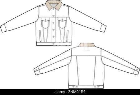 Unisex hommes Sherpa denim veste camionneur Vector plat dessin technique modèle maquette pour le design et les packs TECH tenue de rue CAO mode Illustration de Vecteur
