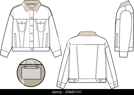 Veste en denim Sherpa pour femmes camionneur vecteur plat dessin technique maquette modèle pour le design et les packs techniques mode CAD streetwear mode Illustration de Vecteur