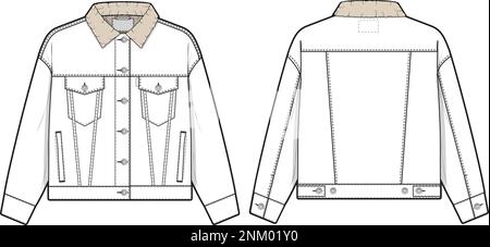 Veste en denim Sherpa pour femmes camionneur vecteur plat dessin technique maquette modèle pour le design et les packs techniques mode CAD streetwear mode Illustration de Vecteur
