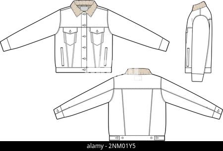 Veste en denim Sherpa pour femmes camionneur vecteur plat dessin technique maquette modèle pour le design et les packs techniques mode CAD streetwear mode Illustration de Vecteur