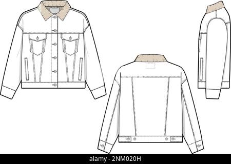 Veste en denim Sherpa pour femmes camionneur vecteur plat dessin technique maquette modèle pour le design et les packs techniques mode CAD streetwear mode Illustration de Vecteur