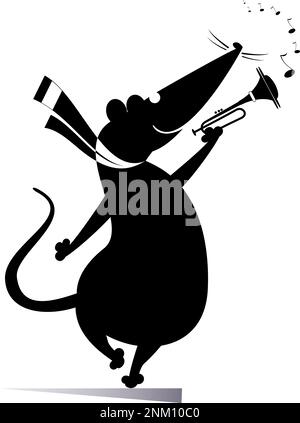 Bande dessinée rat ou souris un trompettiste joue de l'illustration musicale.Rat ou souris jouant trompette isolé noir sur blanc Illustration de Vecteur