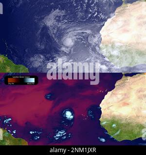 Tempête tropicale Igor a traversé des cycles de renforcement et d'affaiblissement au cours des derniers jours. Voici deux images prises par le satellite GOES-East, à 24 heures d'intervalle (toutes les deux à 0945z le 9th et 10th septembre 2010) en utilisant à la fois des canaux de vapeur d'eau visibles et infrarouges. Dans les images de vapeur d'eau colorisée, les zones rouge-orange indiquent l'air sec, tandis que les zones humides sont indiquées par des couleurs bleues Banque D'Images