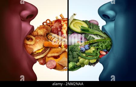 Aliments sains et malsains choix ou concept de décision de régime et choix alimentaires entre fruits et légumes frais sains Banque D'Images