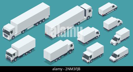Transport, livraison, caisses de camion isométrique. Livraison rapide ou transport logistique. Changement de couleur facile. Camion de livraison commercial urbain Illustration de Vecteur
