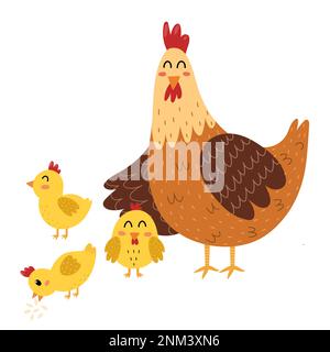 Mère poule avec son bébé poussins. Mignon animaux de ferme personnages maman et son enfant Illustration de Vecteur