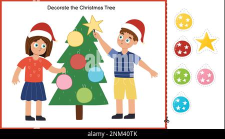 Décorez la page d'activités de coupe et de collage d'arbre de Noël pour les enfants Illustration de Vecteur