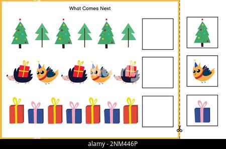 Qu'est-ce qui vient prochain jeu de puzzle de Noël. Couper et coller la page d'activité pour les enfants Illustration de Vecteur