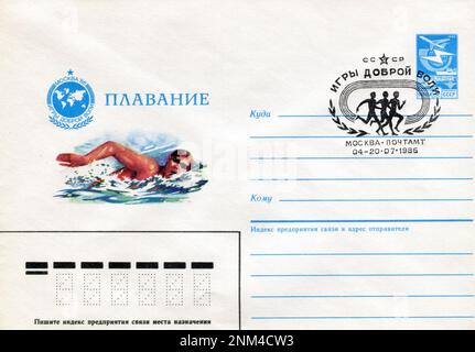 URSS - vers 1986: Une enveloppe postale de la première journée de l'URSS avec des timbres. Les Jeux de bonne volonté de 1986 étaient l'édition inaugurale de l'événement multisport international créé par Ted Turner, qui s'est tenu du 5 au 20 juillet 1986. Banque D'Images