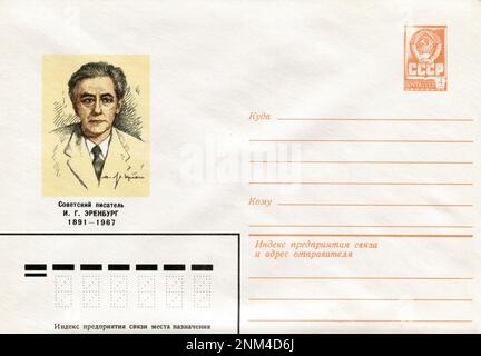 URSS - vers 1976: Une enveloppe d'expédition de couverture de l'URSS avec des timbres. Ilya Grigoryevitch Ehrenburg (russe : Илья Григорьевич Эренбург; 26 janvier [O.S. 14 janvier] 1891 – 31 août 1967) était un écrivain, révolutionnaire, journaliste et historien soviétique. Banque D'Images