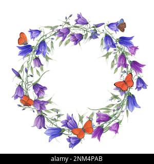 Couronne aquarelle avec campanula, avoine sauvage isolée sur fond blanc. Peinture à la main pour cartes postales, modèle d'invitation, cartes de Saint-Valentin Banque D'Images