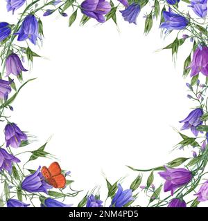 Couronne aquarelle avec campanula, avoine sauvage isolée sur fond blanc. Peinture à la main pour cartes postales, modèle d'invitation, cartes de Saint-Valentin Banque D'Images