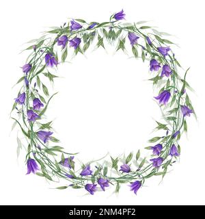 Couronne aquarelle avec campanula, avoine sauvage isolée sur fond blanc. Peinture à la main pour le motif carte postale, modèle d'invitation Banque D'Images