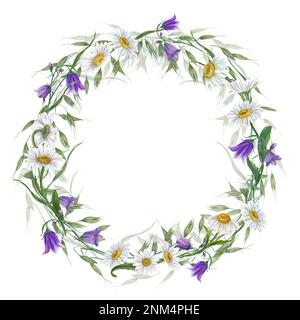 Couronne d'aquarelle avec Marguerite, campanula, avoine sauvage isolée sur fond blanc. Peinture à la main pour le motif carte postale, modèle d'invitation Banque D'Images