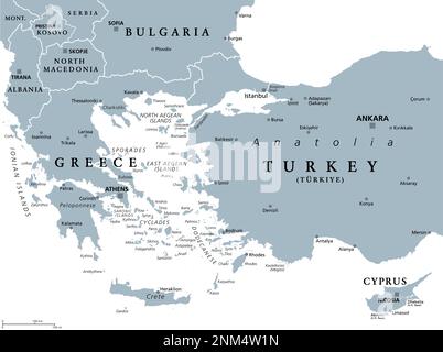 Région de la mer Égée, avec les îles de la mer Égée, carte politique grise. Une baie allongée de la mer Méditerranée, située entre l'Europe et l'Asie. Banque D'Images