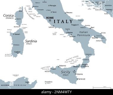 Sud de l'Italie, Meridione ou Mezzogiorno, carte politique grise. Macroregion d'Italie composée de ses régions du sud. Banque D'Images