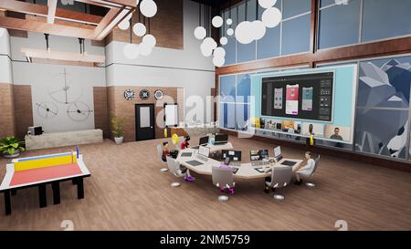 3d rendu d'une conférence d'affaires dans un bureau virtuel futuriste avec ordinateurs. 3D avatars discutent avec des personnes du développement d'applications mobiles par vidéo. Technologies de l'avenir. Concept de métaverse et de réalité virtuelle. Banque D'Images