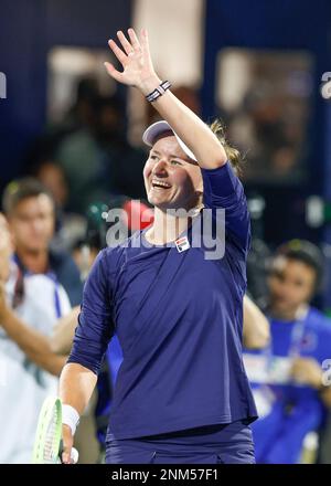 Dubaï, Émirats arabes Unis, 21st. Fév. 2023. Le joueur de tennis tchèque Barbora Krejcikova célèbre le mardi 21 février 2023 le tournoi des Championnats de tennis duty Free de Dubaï au Dubai Duty Free tennis Stadium. © Juergen Hasenkopf / Alay Live News Banque D'Images