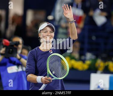 Dubaï, Émirats arabes Unis, 21st. Fév. 2023. Le joueur de tennis tchèque Barbora Krejcikova célèbre le mardi 21 février 2023 le tournoi des Championnats de tennis duty Free de Dubaï au Dubai Duty Free tennis Stadium. © Juergen Hasenkopf / Alay Live News Banque D'Images