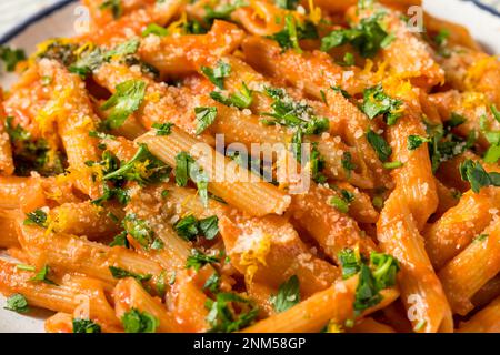 Pâtes à la Vermouth Penne maison avec tomates et fromage Banque D'Images