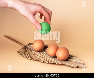 Prise à la main peinte en œuf vert pour les vacances de Pâques, oeufs de poulet non cuits en coquille naturelle. Photo de haute qualité Banque D'Images