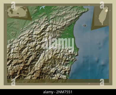 Yilan, comté de Taïwan. Carte d'altitude colorée en style wiki avec lacs et rivières. Cartes d'emplacement auxiliaire d'angle Banque D'Images