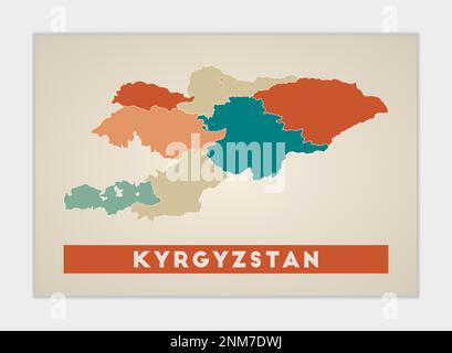 Affiche du Kirghizistan. Carte du pays avec des régions colorées. Forme du Kirghizistan avec nom de pays. Illustration vectorielle attrayante. Illustration de Vecteur