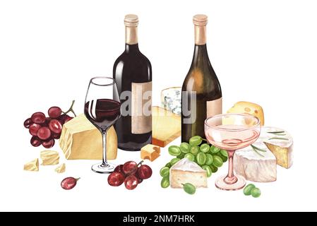 Composition aquarelle vin et fromage. Bouteille et verre de vin, raisins et différents fromages. Illustration dessinée à la main isolée sur fond blanc Banque D'Images