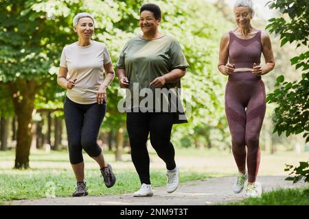 Portrait complet de trois femmes âgées actives qui font du jogging ensemble dans le parc et qui apprécient les sports Banque D'Images