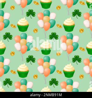 St. Patrick's Day sans couture avec ballons de couleur drapeau irlandais, feuilles de trèfle, pièces de monnaie dorées et un cupcake à la crème fouettée. Parfait pour le tissu, Illustration de Vecteur