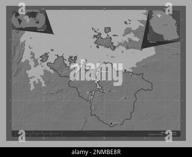 Mwanza, région de Tanzanie. Carte d'altitude à deux niveaux avec lacs et rivières. Lieux et noms des principales villes de la région. Emplacement auxiliaire du coin Banque D'Images
